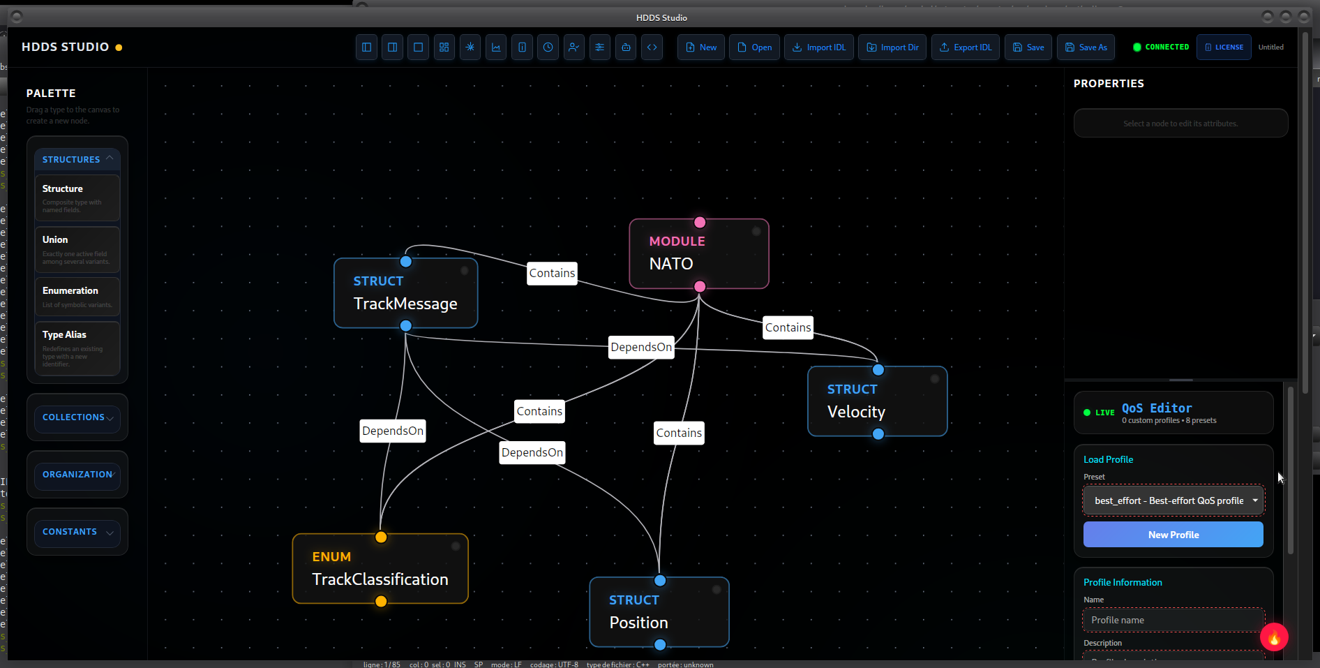 HDDS Studio - Visual IDL Editor with NATO module, structs, enums, and QoS editor